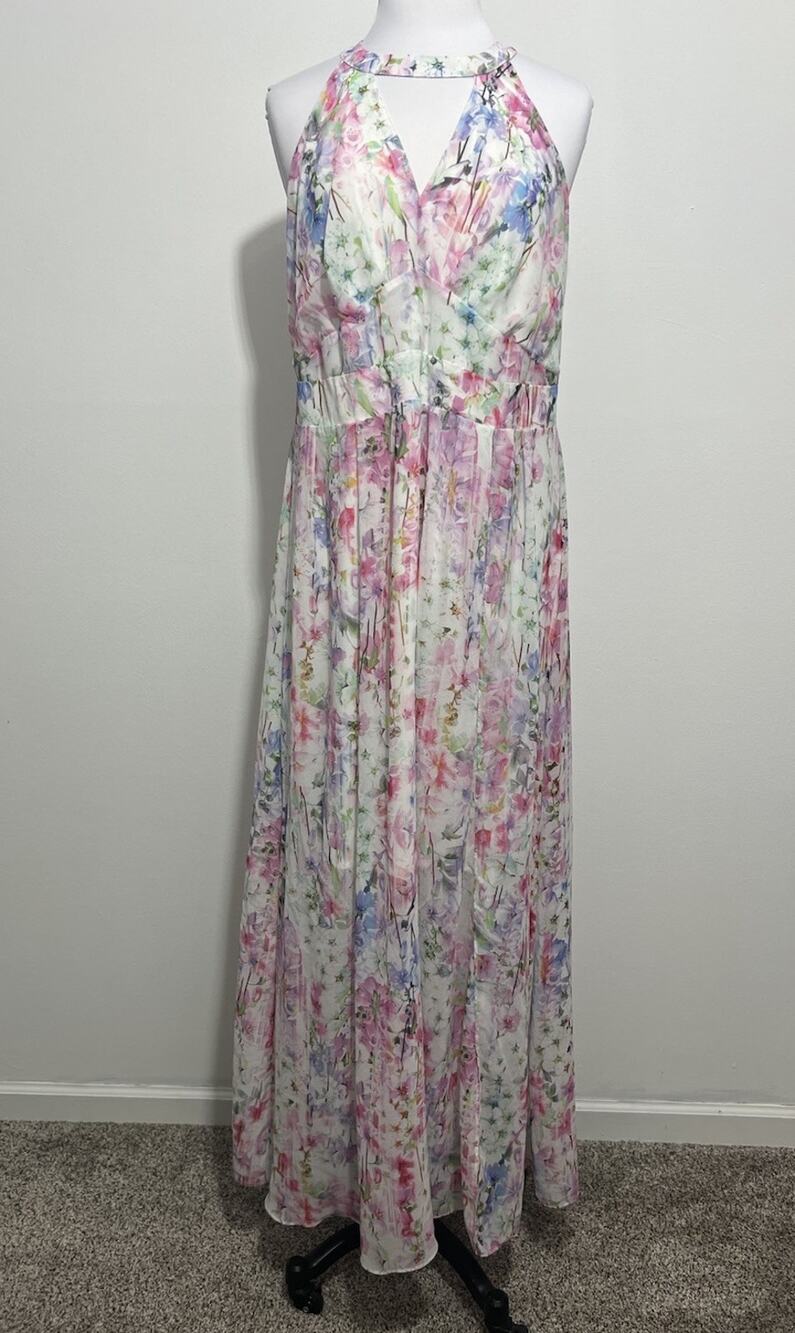 City Chic Floral Halter Maxi Dress Pastel Chiffon Flowy Romantic Women’s Medium